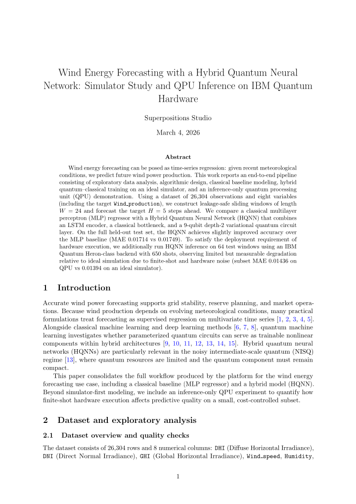First page of the sample report: Wind Energy Forecasting with a Hybrid Quantum Neural Network, by Superpositions Studio